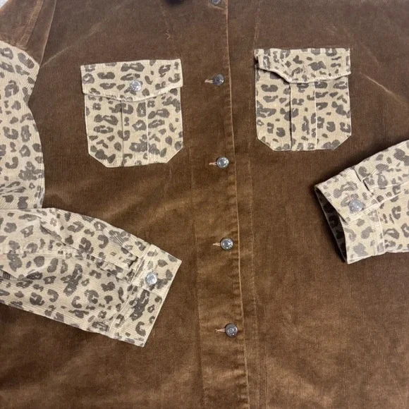 Oddy Women's 2X Plus‎ Brown Leopard Shacket Button Down Jacket Cozy Fall Layer - Picture 2 of 6